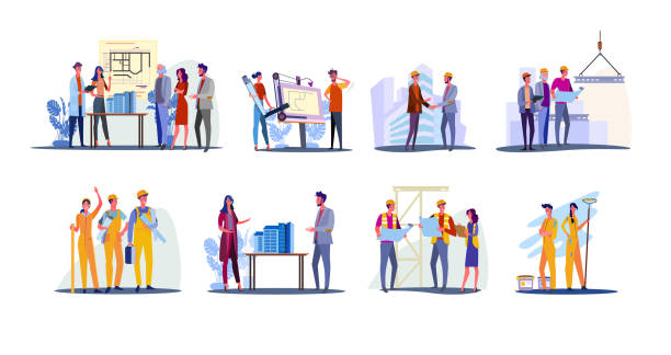 Real estate development set Real estate development set. Architects working on building design, foreman and engineer shaking hand. Flat vector illustrations. Construction concept for banner, website design or landing web page construction worker illustrations stock illustrations