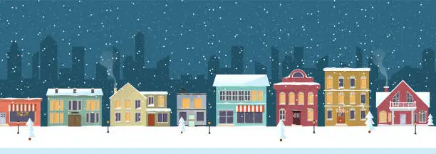 Vector illustration of Snowy night in cozy christmas town city panorama.