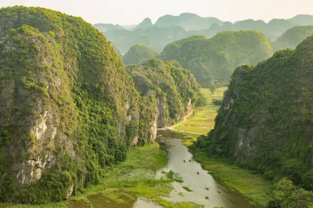 Aerial view from Mua Cave mountain viewpoint of  the Tam Coc area (UNESCO World Heritage Site) in Ninh Binh, Vietnam