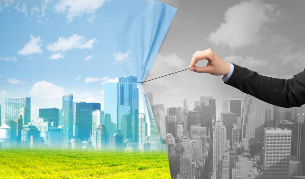 istock hand pulling nature cityscape curtain to gray cityscape 1182934297