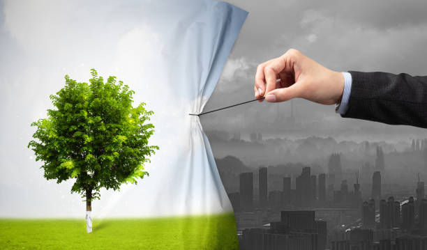 istock hand pulling nature cityscape curtain to gray cityscape 1182934539