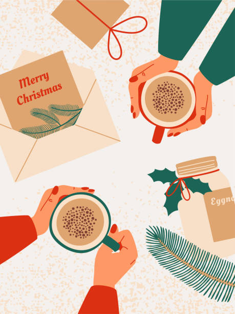 人間の手のトップビューは、贈り物に囲まれたエッグノッグ、願いメリークリスマスとグリーティングカード、エッグノッグとボトルでマグカップを保持します - holiday food illustrations点のイラスト素材／クリップアート素材／マンガ素材／アイコン素材