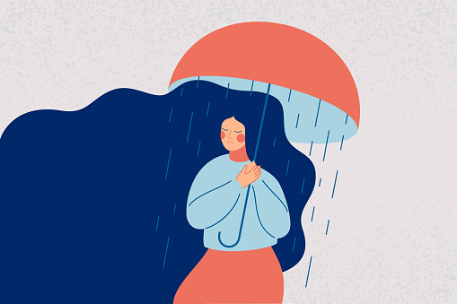 Depressed woman holds an open umbrella, which does not save her from the rain. Sad girl is in a stressful state. Colorful vector illustration in flat cartoon style