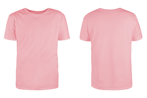 Men's pink blank T-shirt template,from two sides, natural shape on invisible mannequin, for your design mockup for print, isolated on white background.