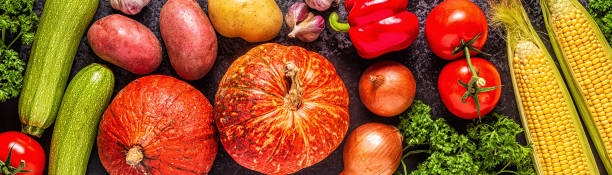 istock Fresh autumn vegetables for cooking on a dark background 1182936460