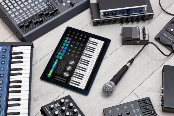 istock Piano app on tablet and musical instrument concept 1182937361