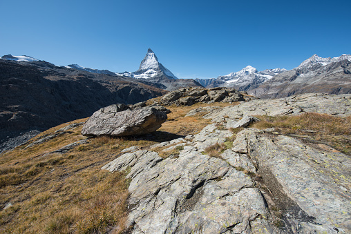 scenery from Matterhorn in switzerland from a imposing hiking trail to zermatt.
