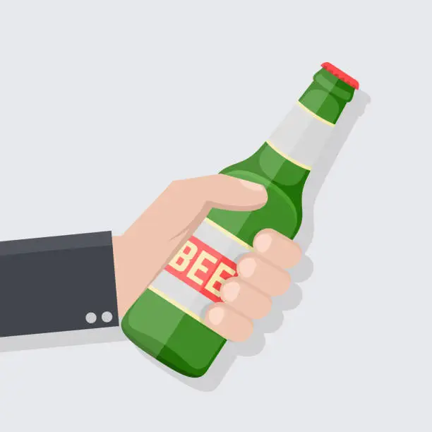 Vector illustration of Hand holding bottle of beer in flat style.