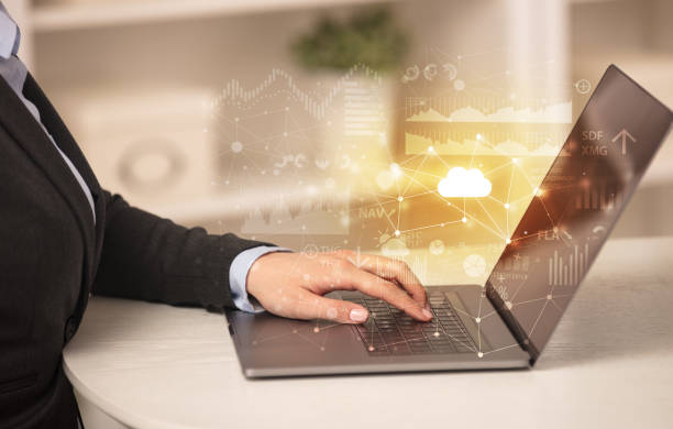 istock Business woman working on laptop with cloud technology concept 1182941516