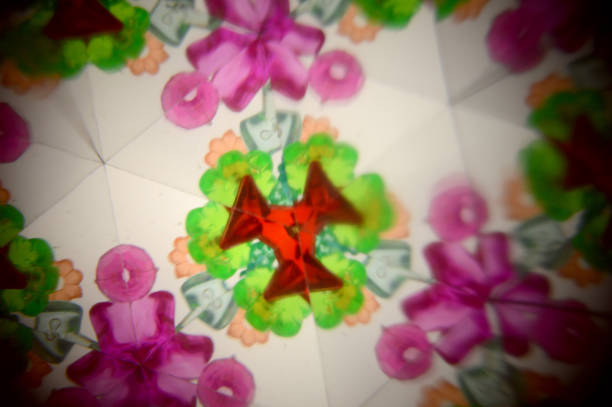 A view through a kids kaleidoscope toy used for making abstractions when looking in the viewfinder, slightly blurry image due to technical difficulties of the shot.