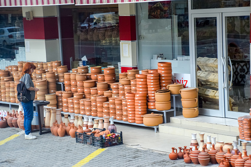 Antalya, Turkey - May 21, 2018: clay pots and amphora pottery. Sale of pottery.