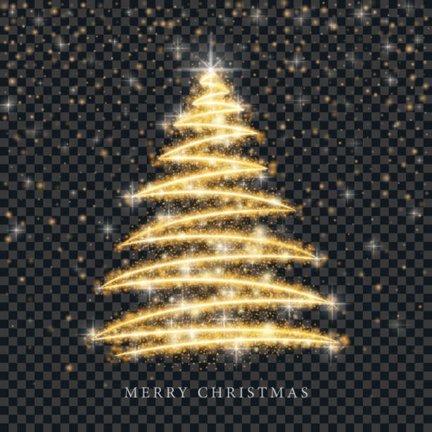 illustrazioni stock, clip art, cartoni animati e icone di tendenza di silhouette dell'albero di buon natale in oro stilizzato da particelle di cerchio lucido su sfondo nero trasparente. illustrazione di abete natalizio dorato vettoriale - albero di natale
