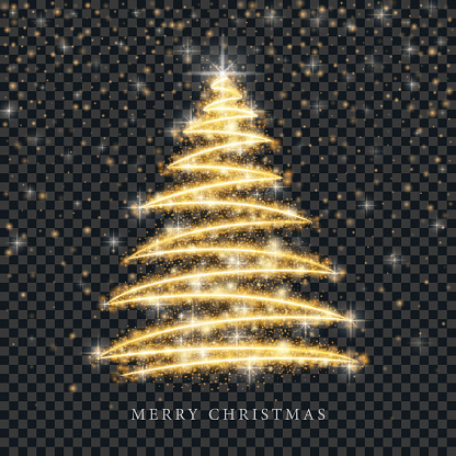 Stylized gold Merry Christmas tree silhouette from shiny circle particles on black transparent background. Vector golden christmas fir illustration eps10