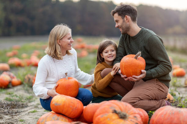 istock Happy young family in pumpkin patch field 1182948265