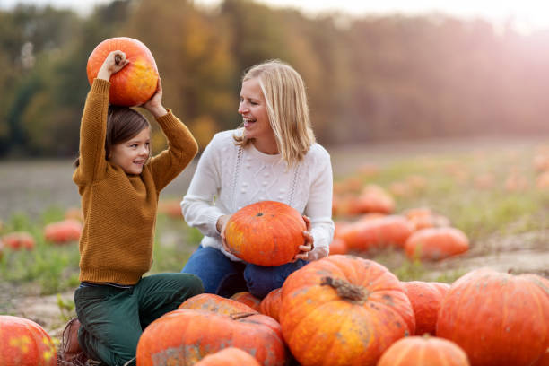 istock Mother and son in pumpkin patch field 1182948514
