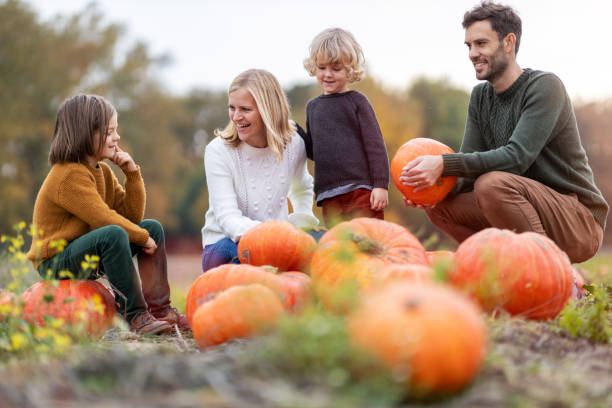 istock Happy young family in pumpkin patch field 1182948551
