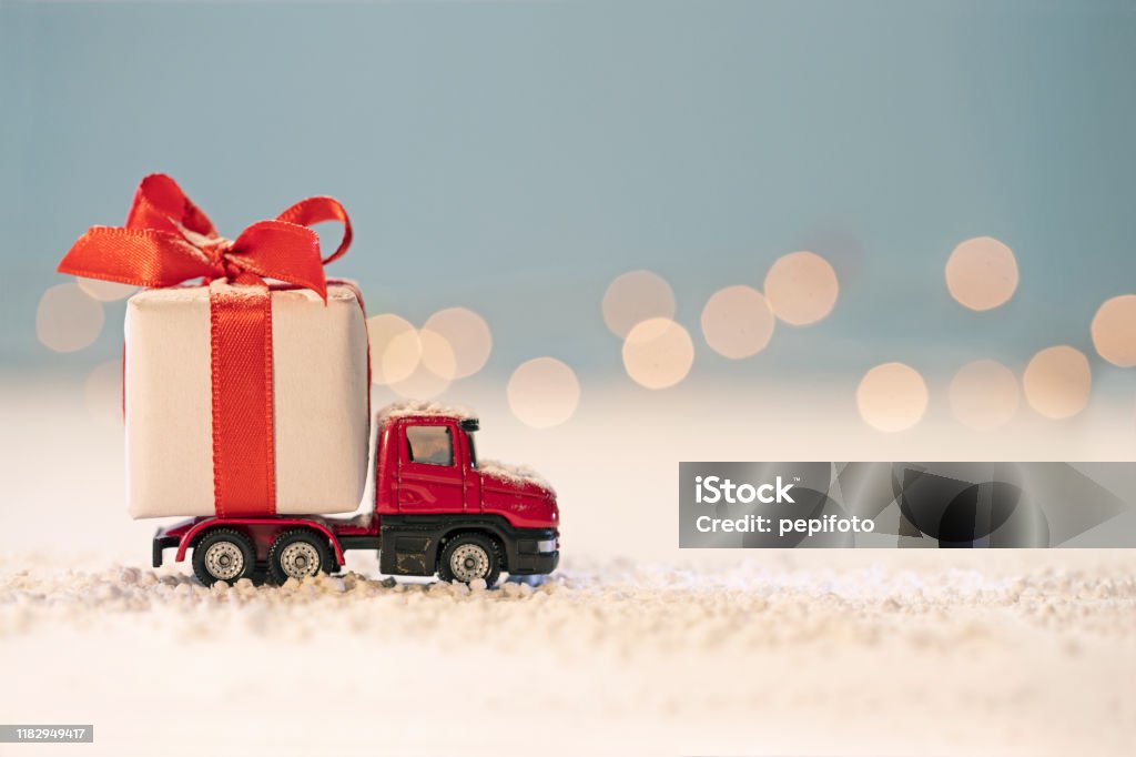 Red truck with  Gift Christmas Stock Photo