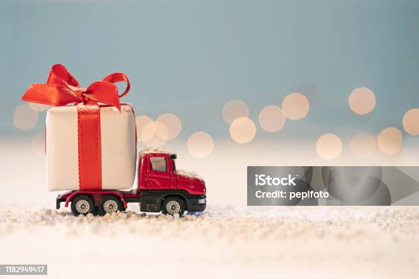 Red Truck With Gift Stock Photo - Download Image Now - Christmas, Truck, Toy