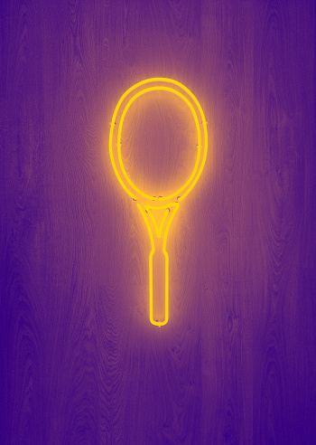 sport, fitness, sports equipment concept - close up of tennis racket neon light duotone