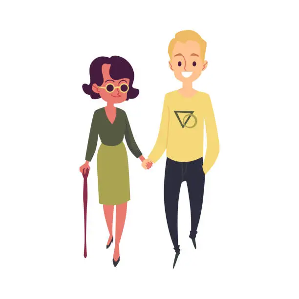 Vector illustration of Blind woman walking with sighted friend, disabled person with glasses and cane in happy couple