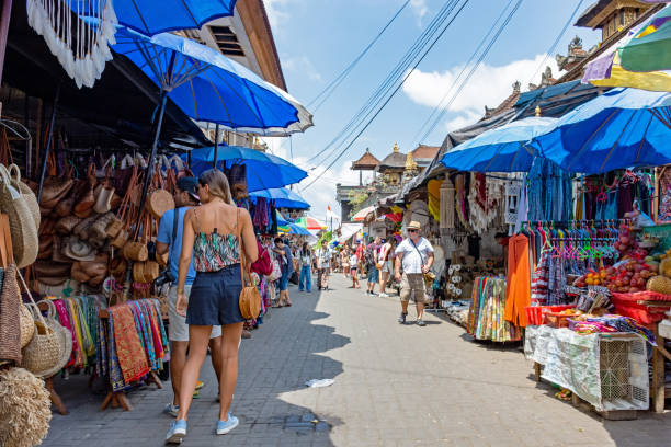 Ubud, Indonesia - September 17, 2018: Scene at Ubud Traditional Art Market, popular souvenir shops in Bali.
