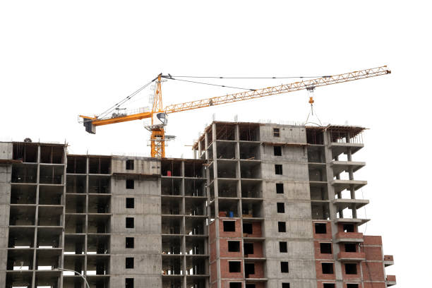 istock Construction site, building a new house, cranes, white sky background 1182951413