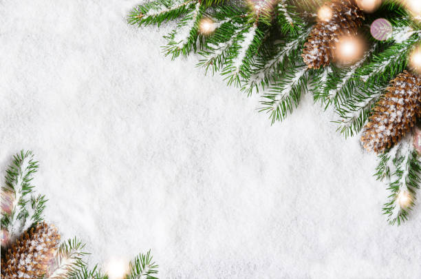 istock Christmas background, green pine branches, cones on snow background. Creative composition with copy space, top view. New Year's, holiday, christmas, decoration. 1182953701