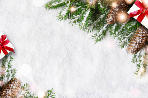 istock Christmas background, green pine branches, cones on snow background. Creative composition with copy space, top view. New Year's, holiday, christmas, decoration. 1182953756