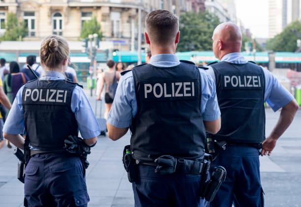 German Police Officers Frankfurt am Main, Germany - July 25 2019: German Police Officers near Central Railway Station in Frankfurt, Germany. hesse germany photos stock pictures, royalty-free photos & images
