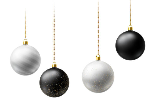 ilustrações de stock, clip art, desenhos animados e ícones de realistic black and white  christmas balls hanging on gold beads chains on white  background - backgrounds transparent circle purple