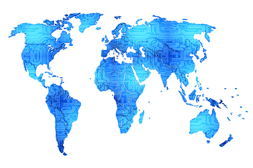 World map with pcb texture in blue tone. 3d illustration.