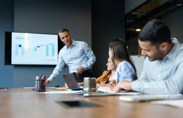 istock Business man making a presentation to a group at the office 1182958453