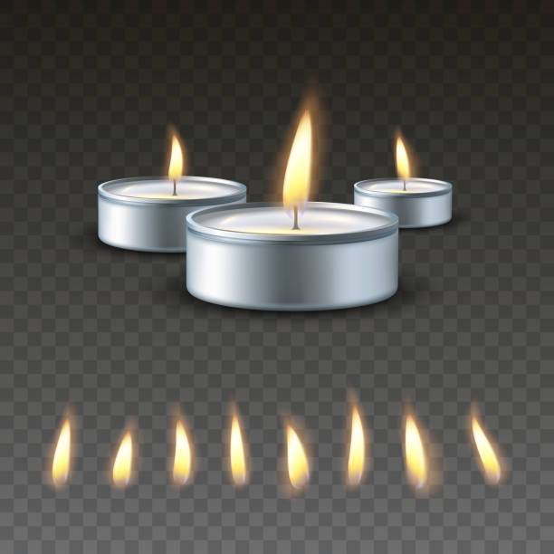 illustrazioni stock, clip art, cartoni animati e icone di tendenza di candela da tè 3d a combustione vettoriale realistica su sfondo scuro - candle tea light candlelight flame