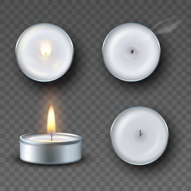 illustrazioni stock, clip art, cartoni animati e icone di tendenza di candela da tè realistica con fuoco, candela spenta con smog e candela accesa isolata su sfondo trasparente - candle tea light candlelight flame