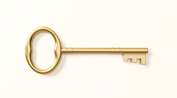 Bronze Key on White Background Gold colored bronze key on white background. Horizontal composition with clipping path. house key photos stock pictures, royalty-free photos & images