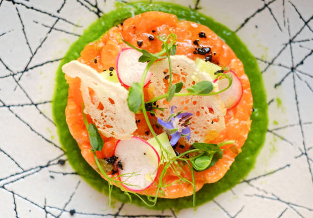 istock salmon tartar on white plate, close up 1182958942