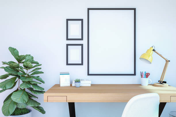 istock Working room interior with blank photo frame for mock up on wall, 3D Rendering 1182960082