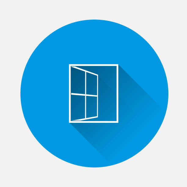 Vector open window icon. Window wide open on blue background. Flat image with long shadow. Vector open window icon. Window wide open on blue background. Flat image with long shadow. Layers grouped for easy editing illustration. For your design. opening door logo stock illustrations