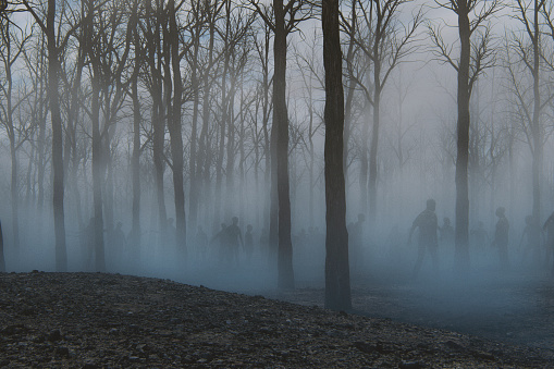 Spooky foggy forest full of walking dead zombies. This is entirely 3D generated image.