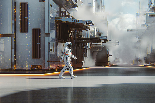 Chinese astronaut walking in futuristic city. This is entirely 3D generated image.