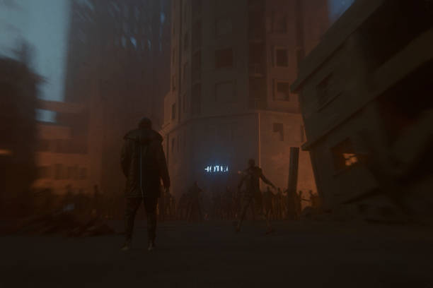 istock Destroyed city at night with walking dead zombies 1182961944