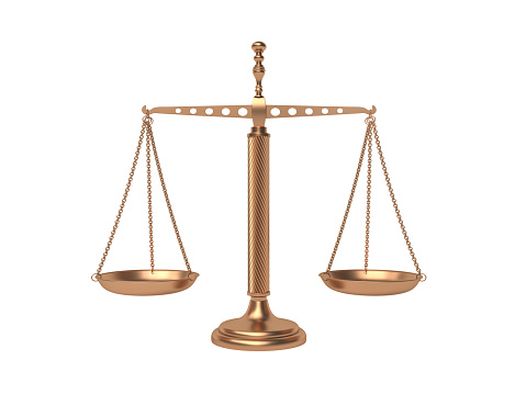 Scales of Justice - on white background - gold - 3d illustration rendering