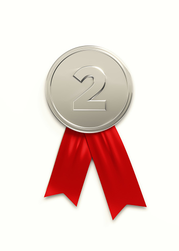 Silver medal on white background, Number two writes on silver medal. Vertical composition with clipping path. Great use for Best of 2020 concepts.