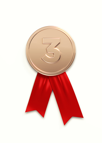 Bronze medal on white background, Number three writes on bronze medal. Vertical composition with clipping path. Great use for Best of 2020 concepts.