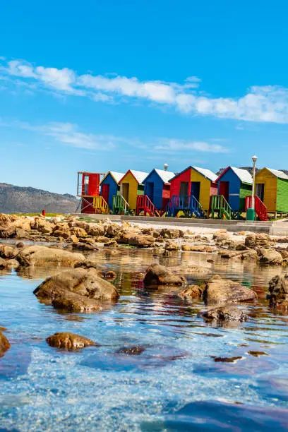 View of the iconic Muizenberg colourful cabins from the Indian ocean