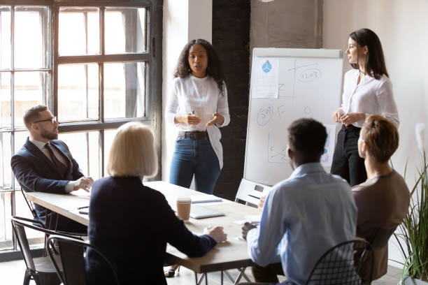 istock Diverse female coaches team give flip chart presentation at training 1182967283