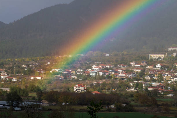 istock Rainbow over a small village in the mountains 1182967430