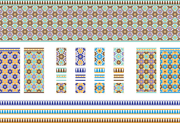 satz von spanischen, marokkanischen fliesen - andalusien stock-grafiken, -clipart, -cartoons und -symbole