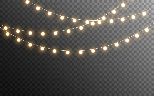 Christmas lights isolated. Glowing garlands on transparent dark background. Realistic luminous elements. Bright light bulbs for poster, card, brochure or web. Vector illustration Christmas lights isolated. Glowing garlands on transparent dark background. Realistic luminous elements. Bright light bulbs for poster, card, brochure or web. Vector illustration. garland decoration stock illustrations