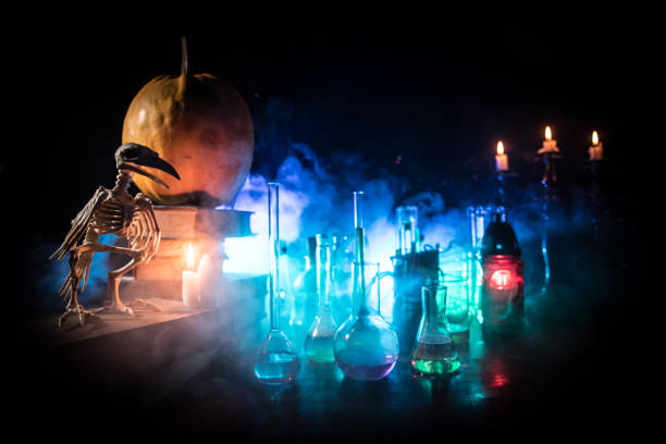istock Halloween still-life background with different elements on dark toned foggy background. Selective focus 1182972972